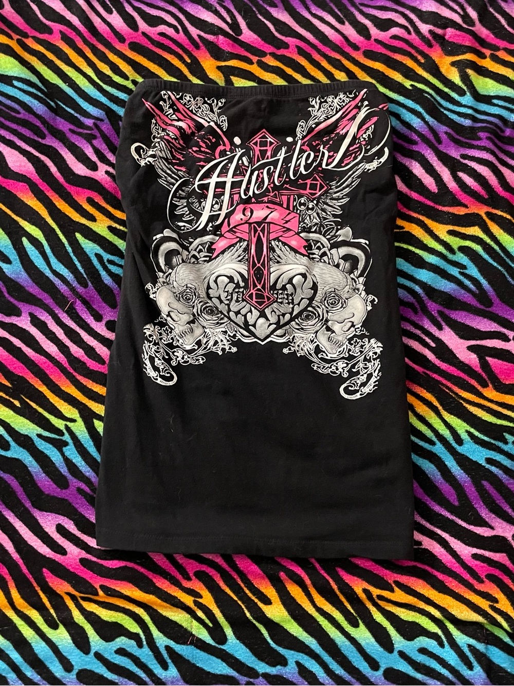 Y2K grunge goth rare 2000s slashed Hustler Tube Top with skulls and wings